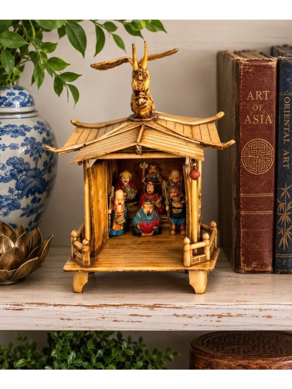 Vintage Asian Pagoda Shrine Diorama Dragon Roof Opening Temple Seven Gods Displa